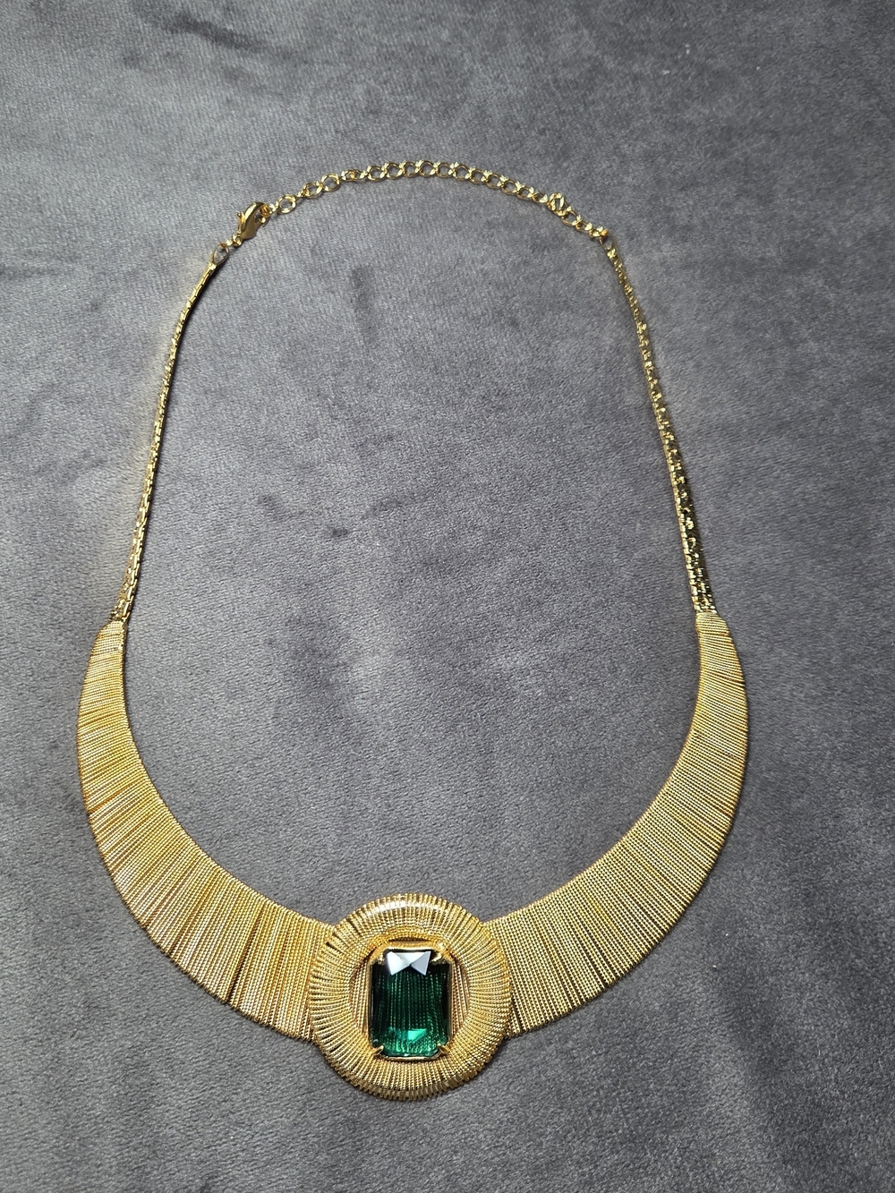 14K Yellow Gold Plated Collar Necklace with Emerald Green Center Gem